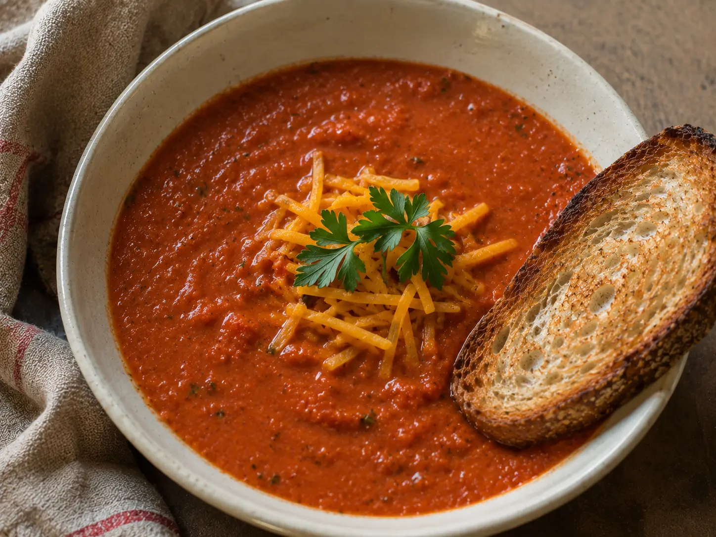 Tomato bisque with cheddar and toasted bread
