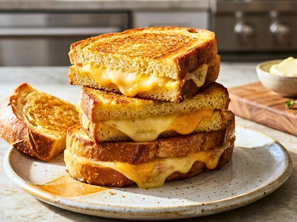 Stack of golden grilled cheese sandwiches from College Soups