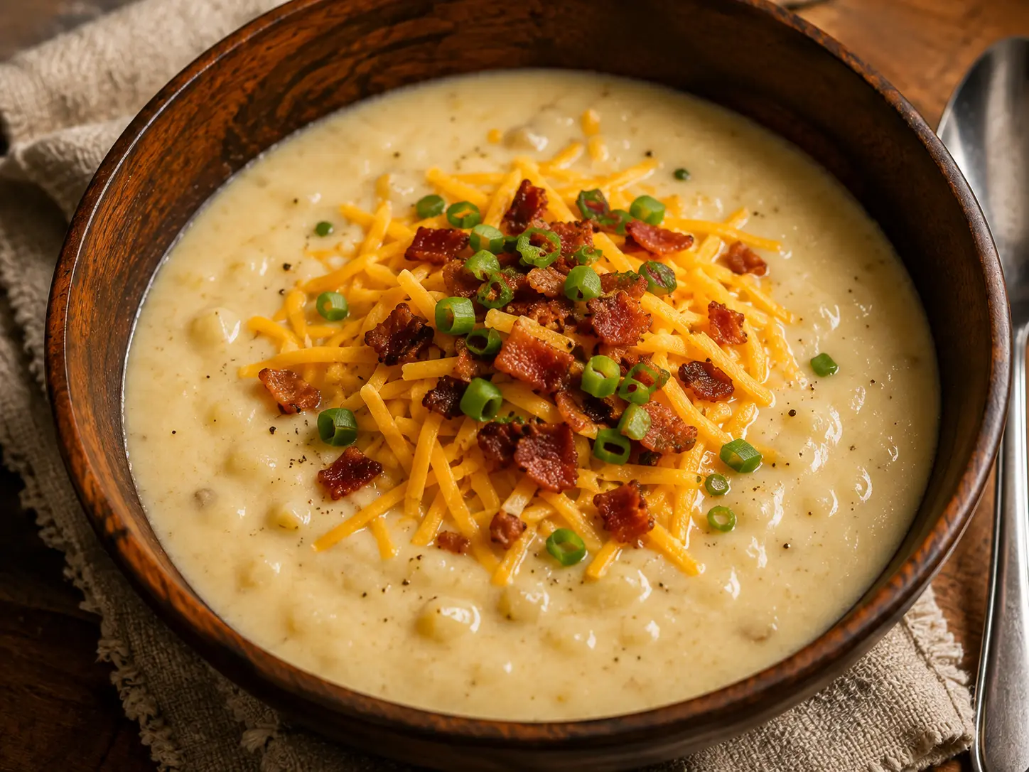 Loaded potato soup with cheddar, bacon and chives